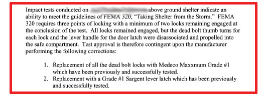 Bad FEMA 320, Poor FEMA 361 test, bad tornado shelter door design.
